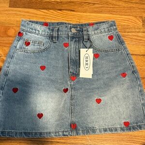Cider Blue Denim Skirt with Red Heart Details